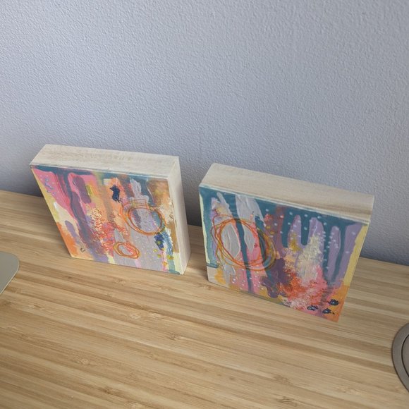 Pair abstract acrylic mixed media paintings on wood panels colourful original - Picture 2 of 3